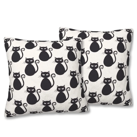 Set 2 Black Cats Pillow Covers 18" Square Throw Pillows Ivory Cat Lady Gift New - Picture 2 of 6